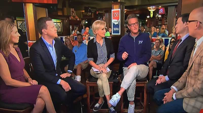MSNBC Morning Joe goes on the road to Cleveland for the RNC, six panelists in bar chairs with restaurant audience behind them