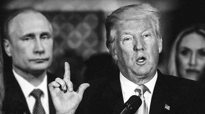 Black and white image of Vladimir Putin and Donald Trump from a Franklin Foer article from Slate
