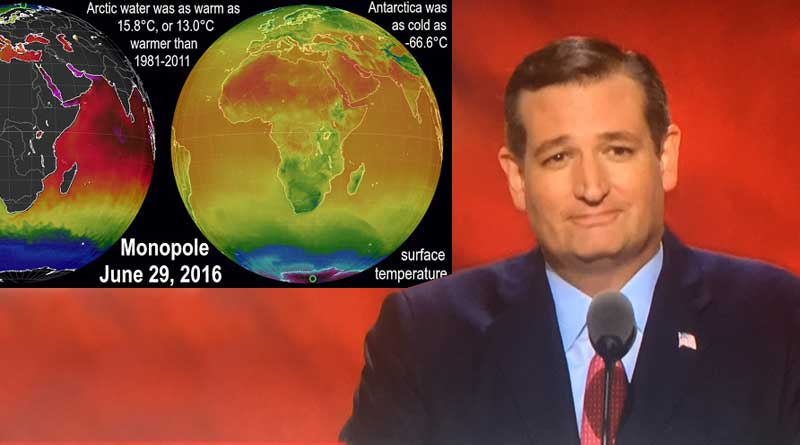 Ted Cruz speaking at RNC juxtaposed with global temperature graphic showing hotter than normal trend