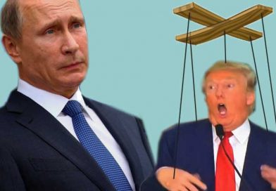 Mashup of Putin and Trump tied to puppet strings