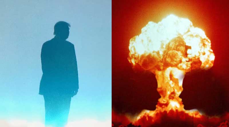 Donald Trump enters RNC stage on left and red nuclear cloud on right (mashup)