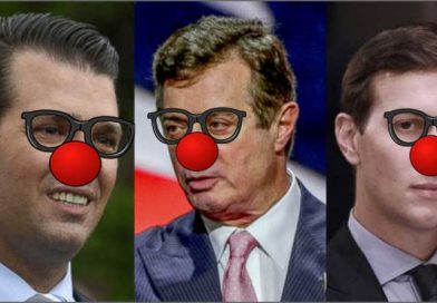 Modified pictures of Team Trump trio: Donald Trump Jr., Paul Manafort, and Jared Kusher, enhanced with red clown noses and glasses.