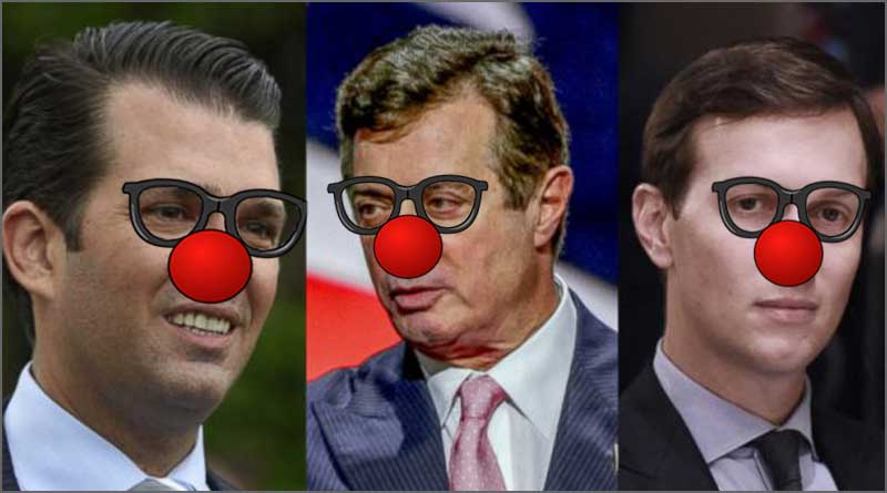 Modified pictures of Team Trump trio: Donald Trump Jr., Paul Manafort, and Jared Kusher, enhanced with red clown noses and glasses.